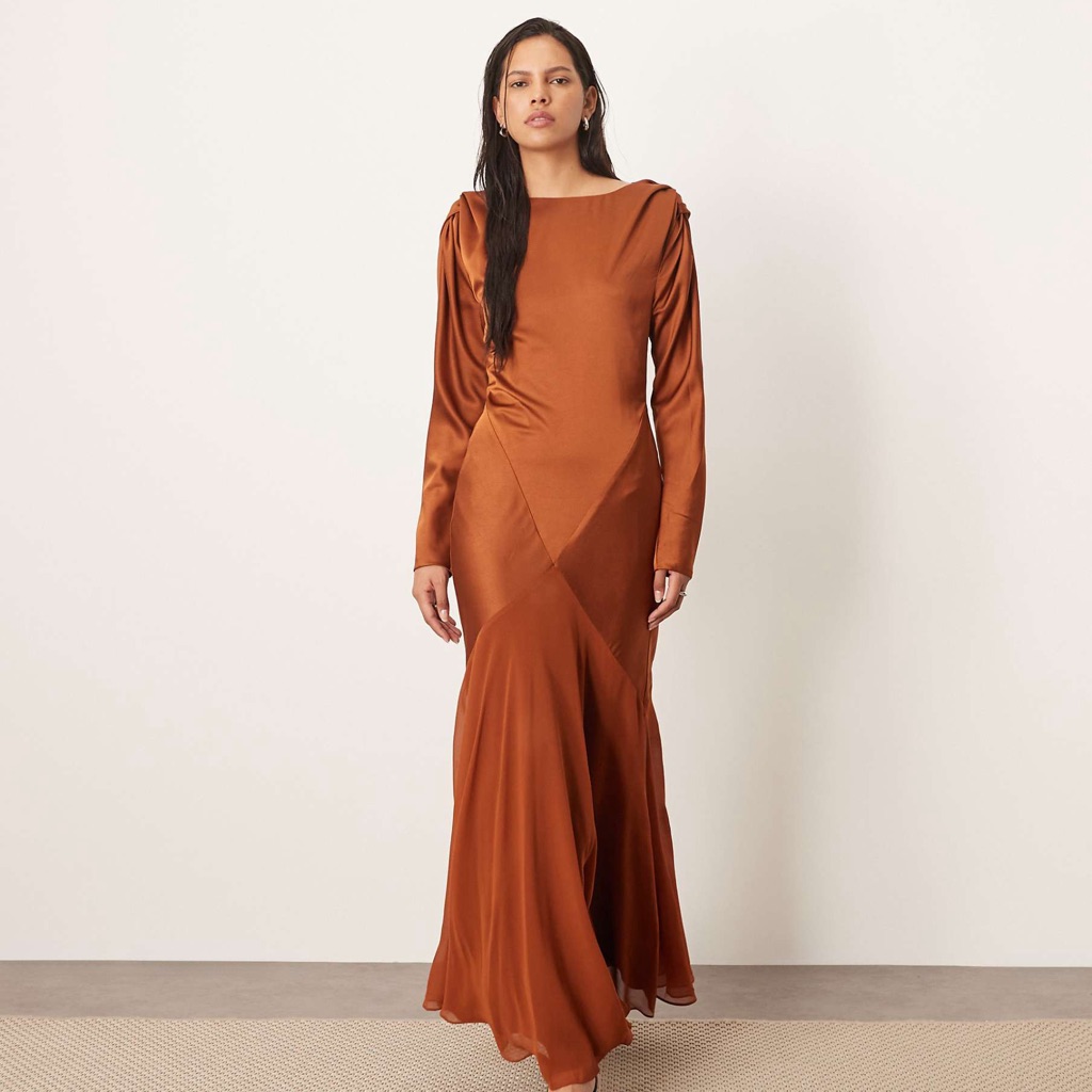 Arrange Twist Shoulder Long Sleeve Hybrid Maxi Dress In Carmel